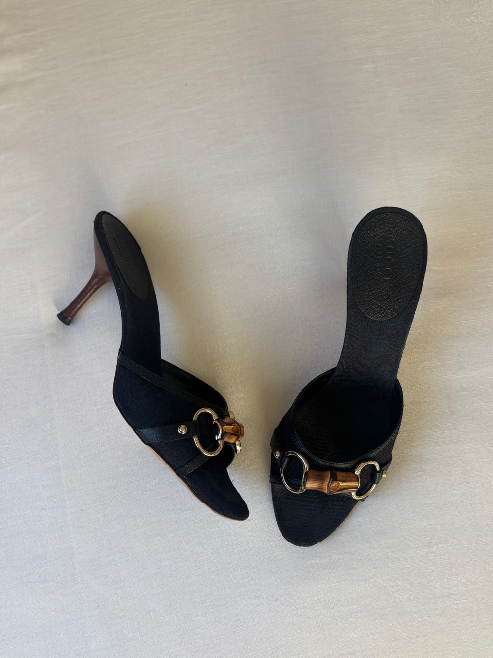 vintage Y2K Gucci black monogram bamboo horsebit heel mule sandal